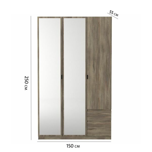 دولاب ملابس 3 ابواب مع مرآة كورا إلم كوڤ - رمادي غامق