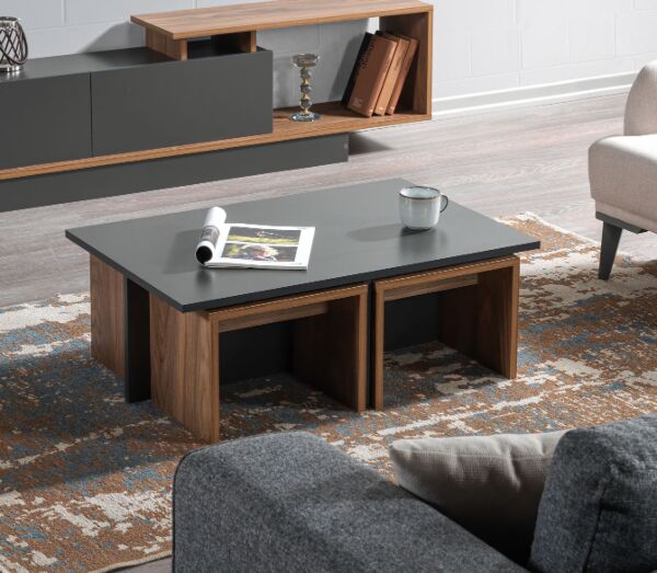 طاولة قهوة تشيست إلم كوف مع 4 طاولات جانبية - بني ورمادي غامق