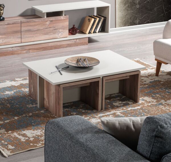 طاولة قهوة تشيست إلم كوف مع 4 طاولات جانبية - رمادي فاتح ورمادي خشبي