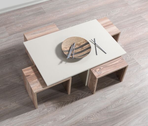 طاولة قهوة تشيست إلم كوف مع 4 طاولات جانبية - رمادي فاتح ورمادي خشبي