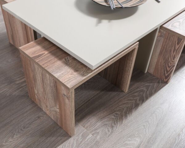 طاولة قهوة تشيست إلم كوف مع 4 طاولات جانبية - رمادي فاتح ورمادي خشبي