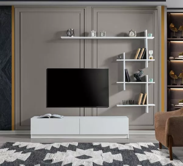 طاولة تلفزيون اهينر جينجر إلم كوڤ خشبية مع رف جداري أبيض - 160x14x130 سم
