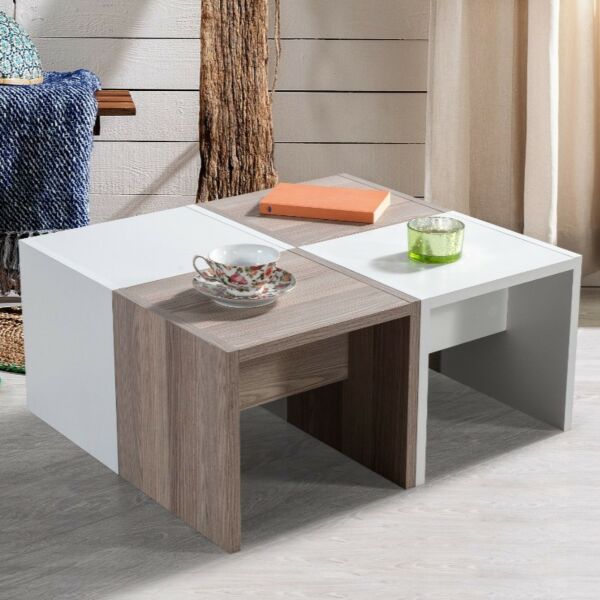 طاولة قهوة دوودل إلم كوف قابلة للتفكيك 4 قطع أبيض وبيج