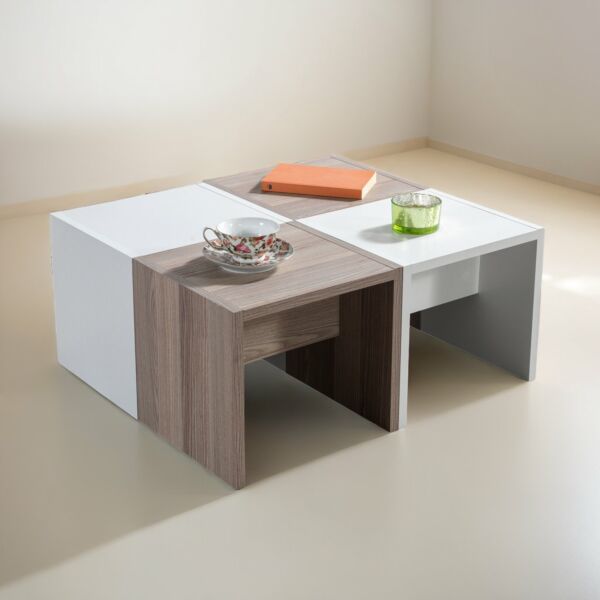 طاولة قهوة دوودل إلم كوف قابلة للتفكيك 4 قطع أبيض وبيج