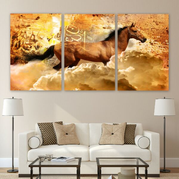 طقم لوحات جدارية فنية لتزين الجدار بتصميم حصان عربي - ثلاث قطع