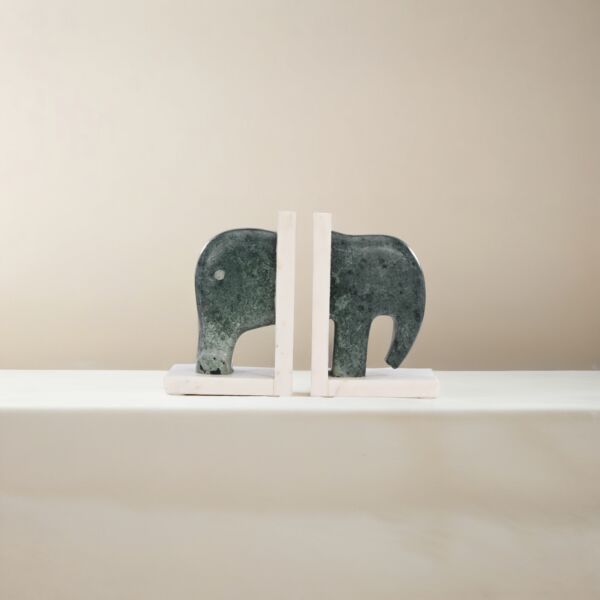 تحفة حاجز كتب رخامي شكل فيل - اخضر غامق وابيض