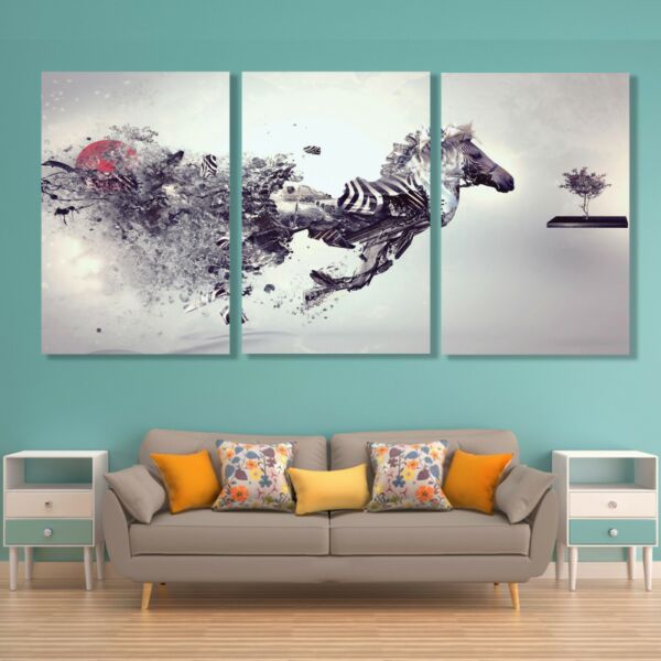 لوحة جدارية فنية بتصميم تجريدي حصان - ثلاث قطع - مقاس 120x60 سم