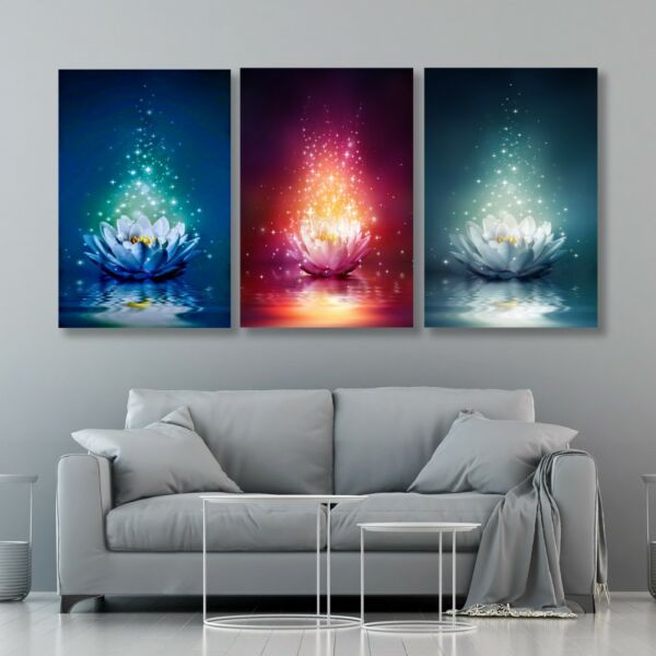 لوحة جدارية فنية بتصميم تجريدي زهر اللوتس - ثلاث قطع - مقاس 120x60 سم
