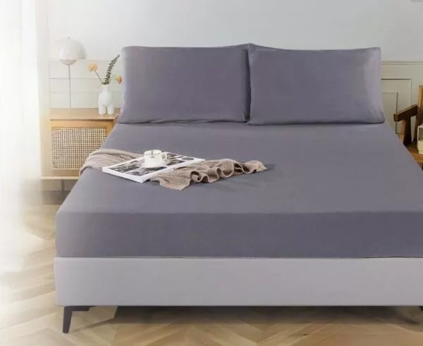 شرشف مفرد مخمل ساده مطاط مع غطاء مخدة رصاصي