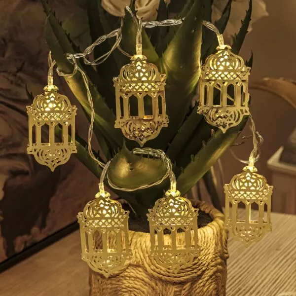 حبل اضاءة روفي يعمل بالبطاريات شكل فانوس - ذهبي
