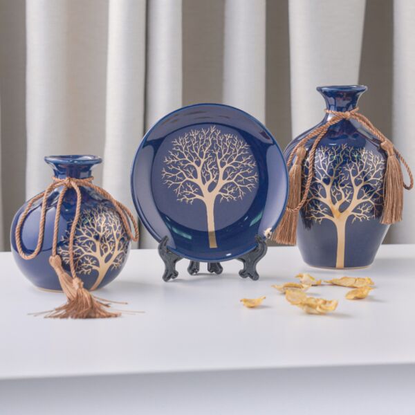 طقم فازات وصحن ديكور فيرا - صغير - أزرق