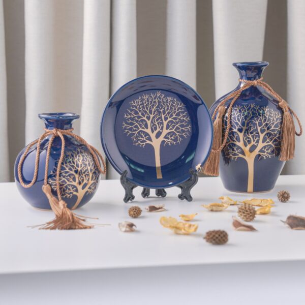 طقم فازات وصحن ديكور فيرا - صغير - أزرق