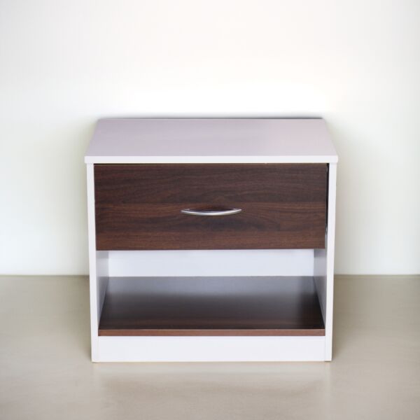 كومودينو مودرن هارف لون ابيض وخشبي غامق درج مع رف خشب ماليزي