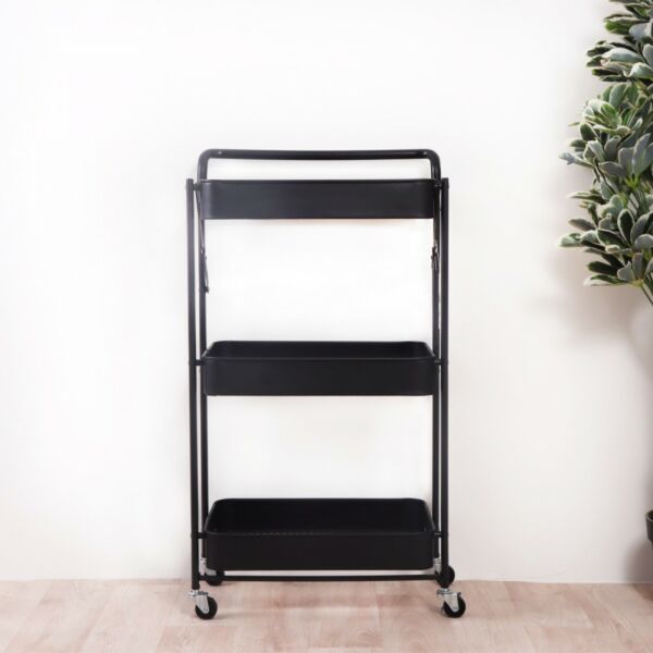 عربة تخزين حديد 3 دور بيد قابلة للطي أسود