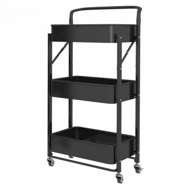 عربة تخزين حديد 3 دور بيد قابلة للطي أسود