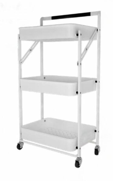 عربة تخزين حديد 3 دور بيد قابلة للطي أبيض 