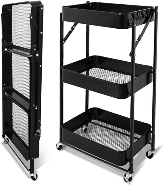 عربة تخزين حديد 3 أدوار قابلة للطي أسود