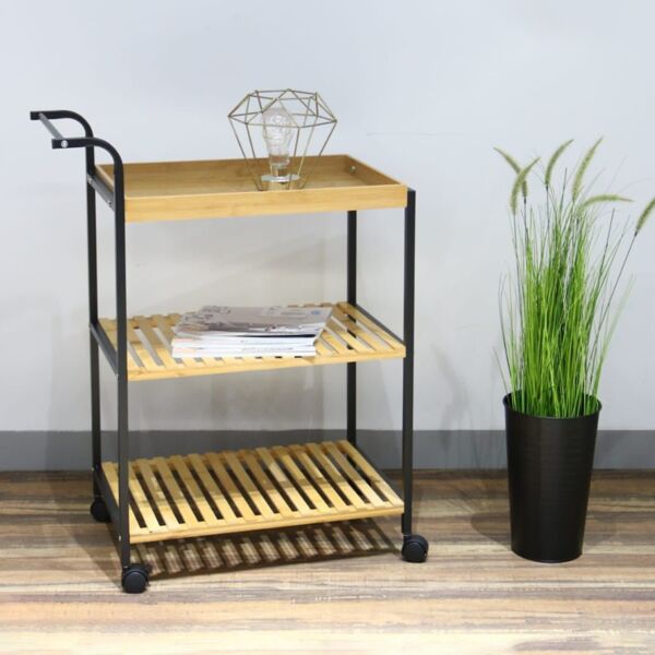 عربة خدمة بعجلات متحركة ريما - خشبي وأسود