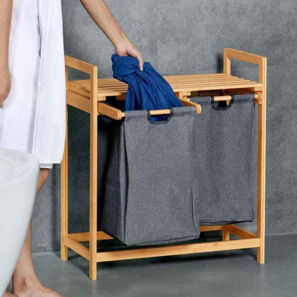 سلة تخزين ملابس خانتين خشب وقماش كوستا - خشبي ورمادي