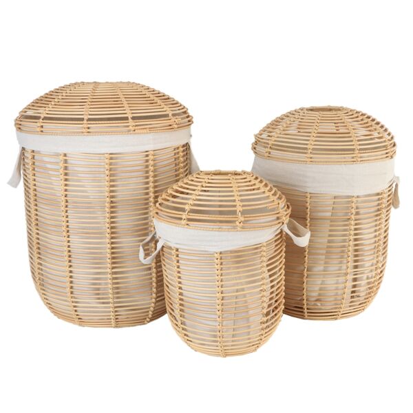 طقم سلال تخزين وتنظيم راتان 3 قطع اسطوانية بغطاء رينو - بيج