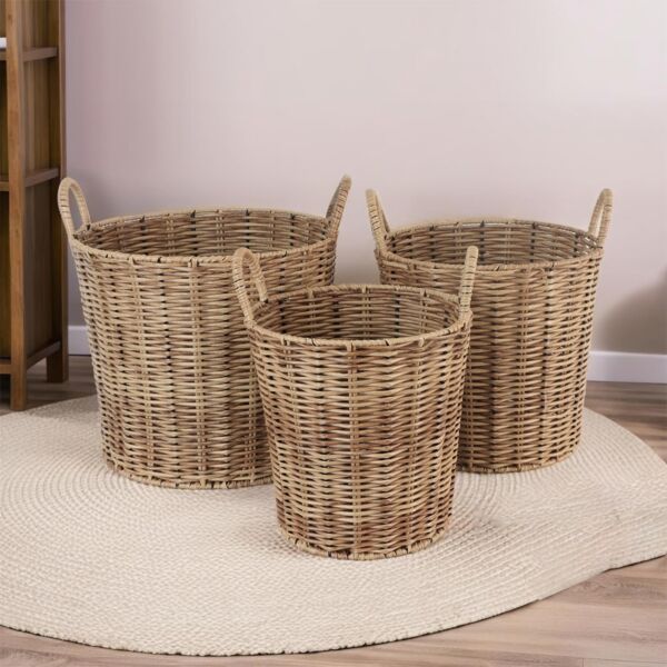 طقم سلال تخزين ملابس راتان 3 قطع دائرية كيكو - بيج