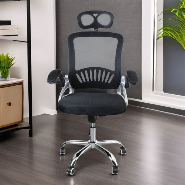 كرسي مكتب متحرك بعجل ومسند للرأس قابل للتعديل - أسود