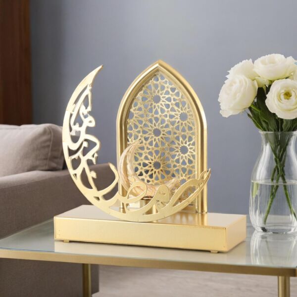 فانوس هلال رمضان حديد بإضاءة 21 سم - ذهبي