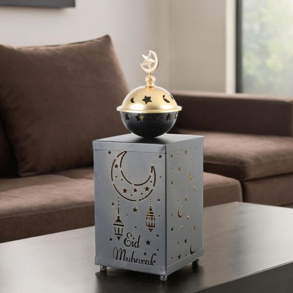 فانوس رمضان حديد بإضاءة 29 سم مع مبخرة - أسود