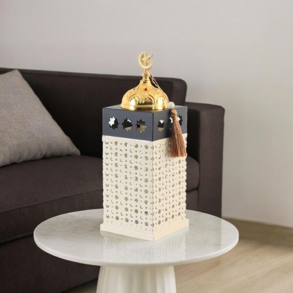 فانوس رمضان حديد 28 سم بإضاءة مع مبخرة - أبيض