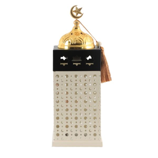 فانوس رمضان حديد 28 سم بإضاءة مع مبخرة - أبيض