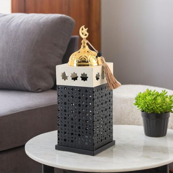 فانوس رمضان حديد بإضاءة 28 سم مع مبخرة - أسود