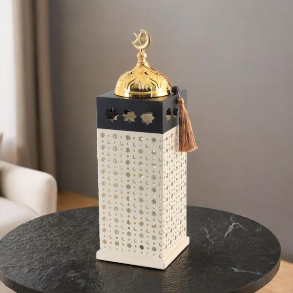 فانوس رمضان حديد بإضاءة 28 سم مع مبخرة - أبيض