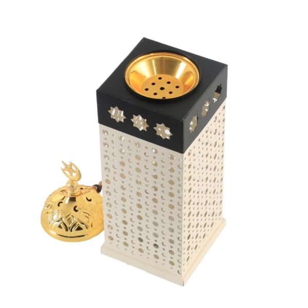 فانوس رمضان حديد بإضاءة 28 سم مع مبخرة - أبيض