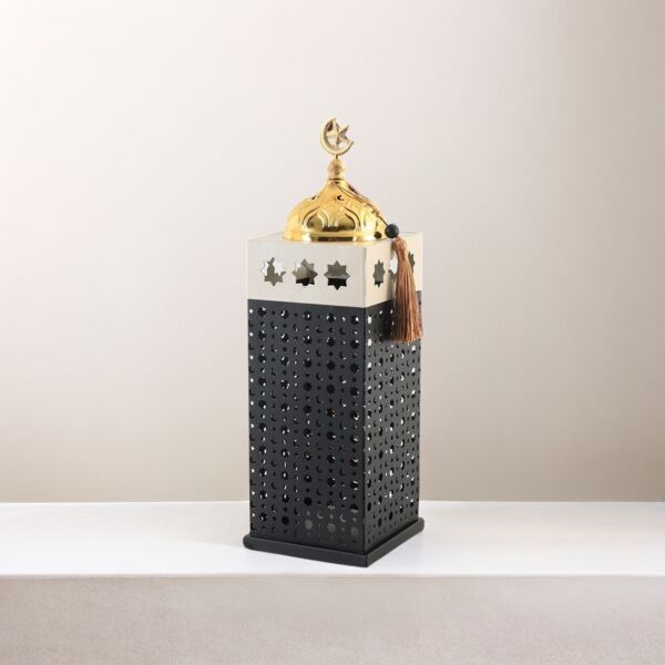 فانوس رمضان حديد بإضاءة مع مبخرة - أسود