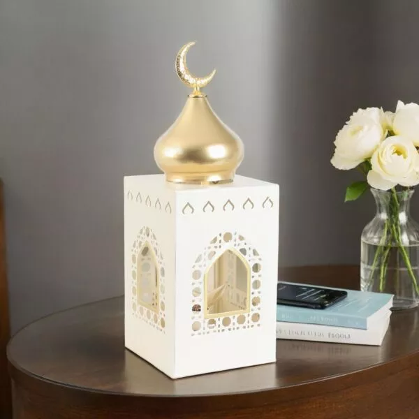 فانوس رمضان حديد بإضاءة 39 سم - أبيض