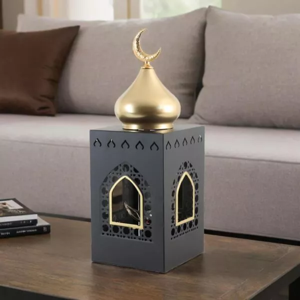 فانوس رمضان حديد بإضاءة 39 سم - أسود