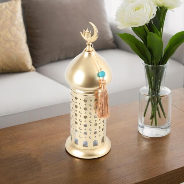 فانوس رمضان حديد مزخرف بإضاءة - ذهبي