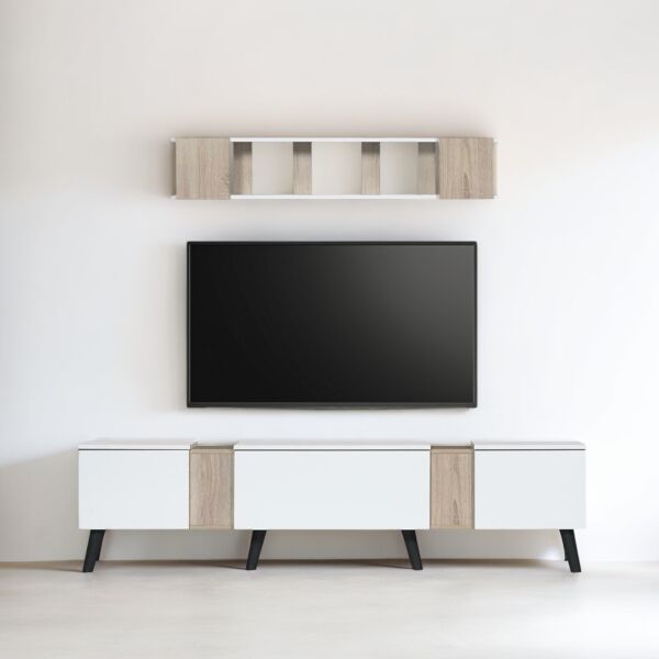 طاولة تلفاز مع وحدة رفوف جدارية ديريك لون أبيض وبيج