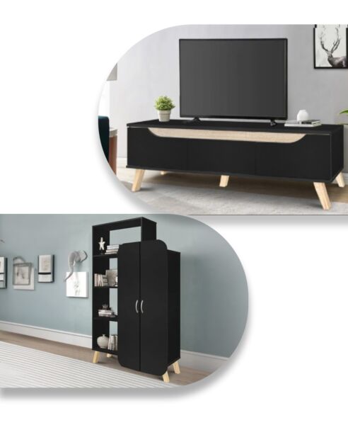 طقم طاولة تلفزيون ودولاب وحدة تخزين مع رفوف كايا - اسود