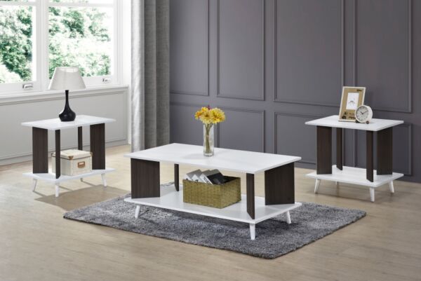 طقم طاولات جانبية 3 قطع خشب ماليزي جوراك أبيض وبني غامق 