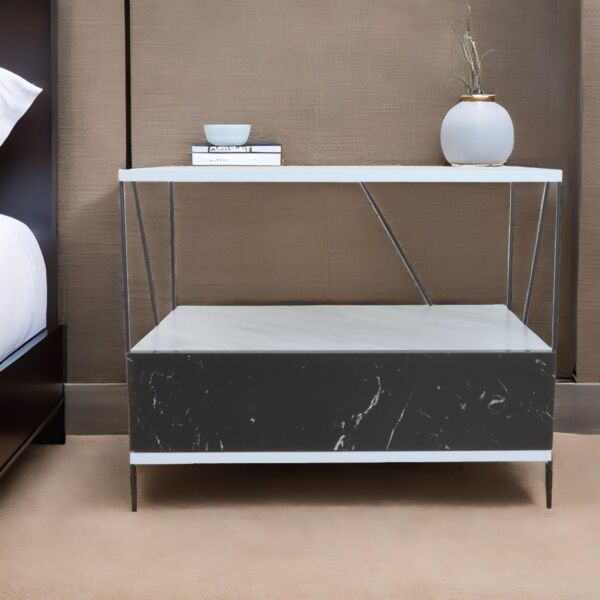 طاولة جانبية رفين ودرج - أبيض وأسود