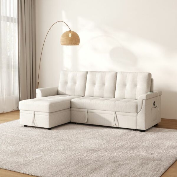 كنب سرير زاوية مع شاحن بورفال - بيج