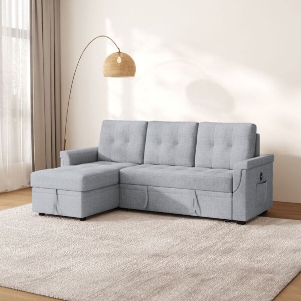 كنب سرير زاوية مع شاحن بورفال - رمادي فاتح