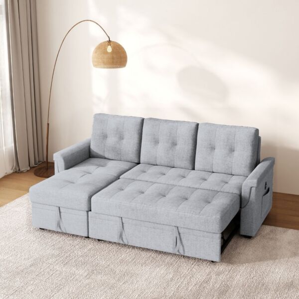 كنب سرير زاوية مع شاحن بورفال - رمادي فاتح