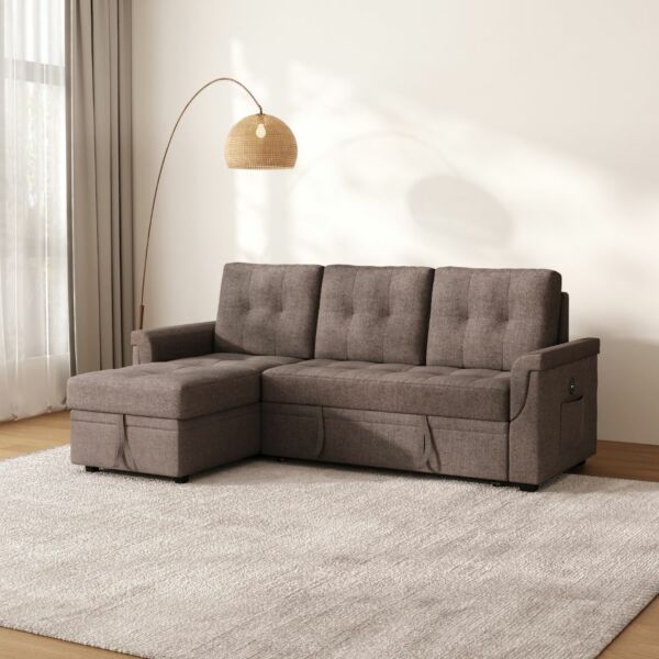 كنب سرير زاوية مع شاحن بورفال - بني غامق