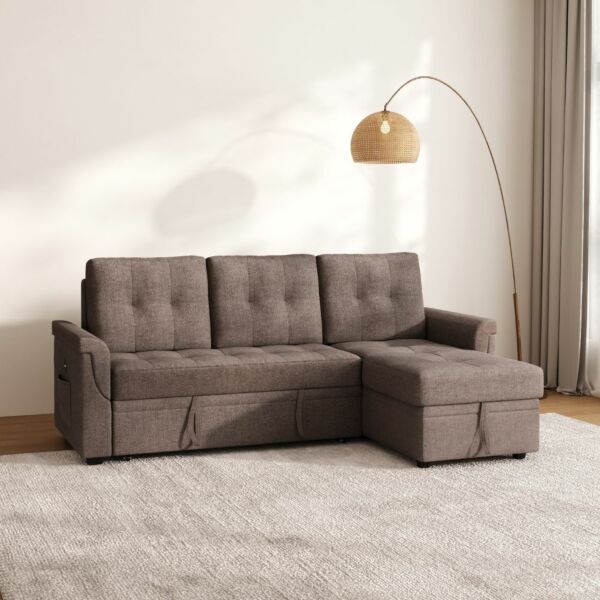 كنب سرير زاوية مع شاحن بورفال - بني غامق