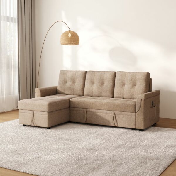 كنب سرير زاوية مع شاحن بورفال - بني فاتح