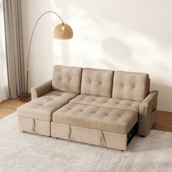 كنب سرير زاوية مع شاحن بورفال - بني فاتح