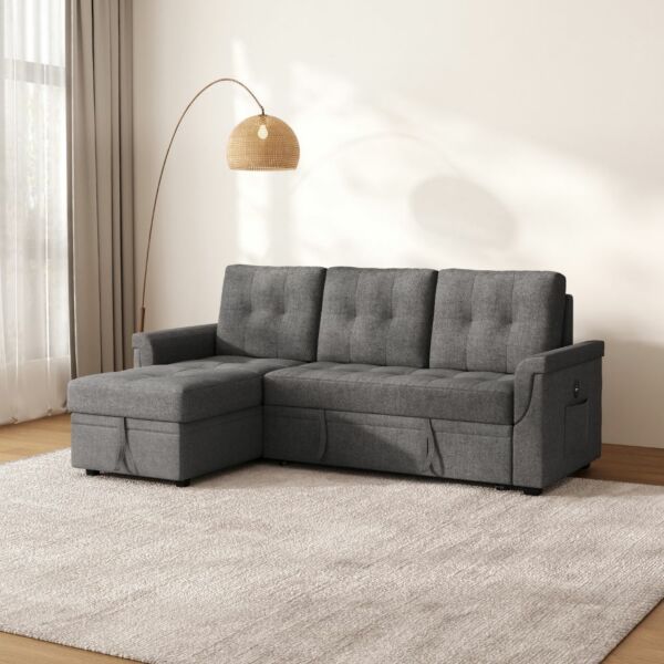 كنب سرير زاوية مع شاحن بورفال - رمادي غامق