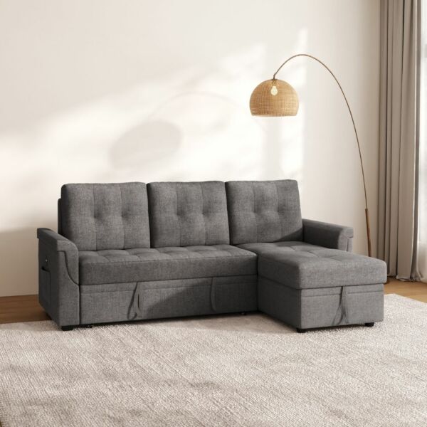 كنب سرير زاوية مع شاحن بورفال - رمادي غامق